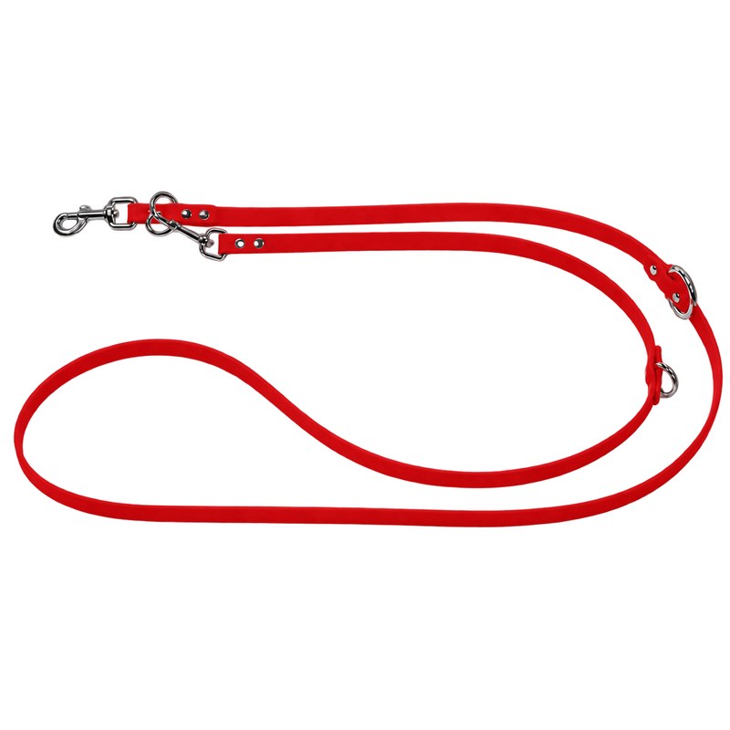 Verstellbare Biothane-Verlängerungsleine in Rot, zwei Karabiner und drei Ringe aus Edelstahl