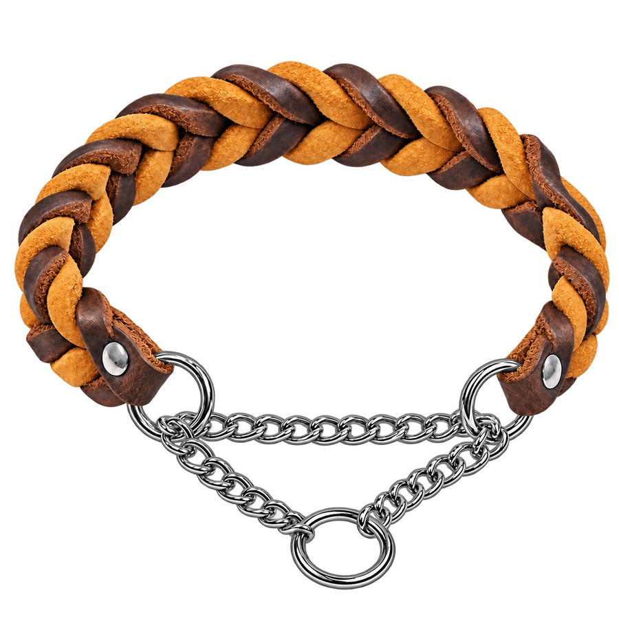 Geflochtenes Fettleder-Halsband Braidy in Dunkelbraun und Cognac mit Zugstopp-Kette und Mittelring