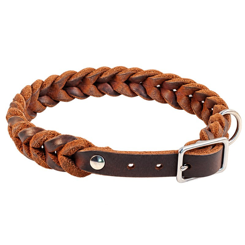 Geflochtenes Fettleder-Halsband Braidy in Braun mit dunkelbraunem Riemen und Dornschnalle in Chrom