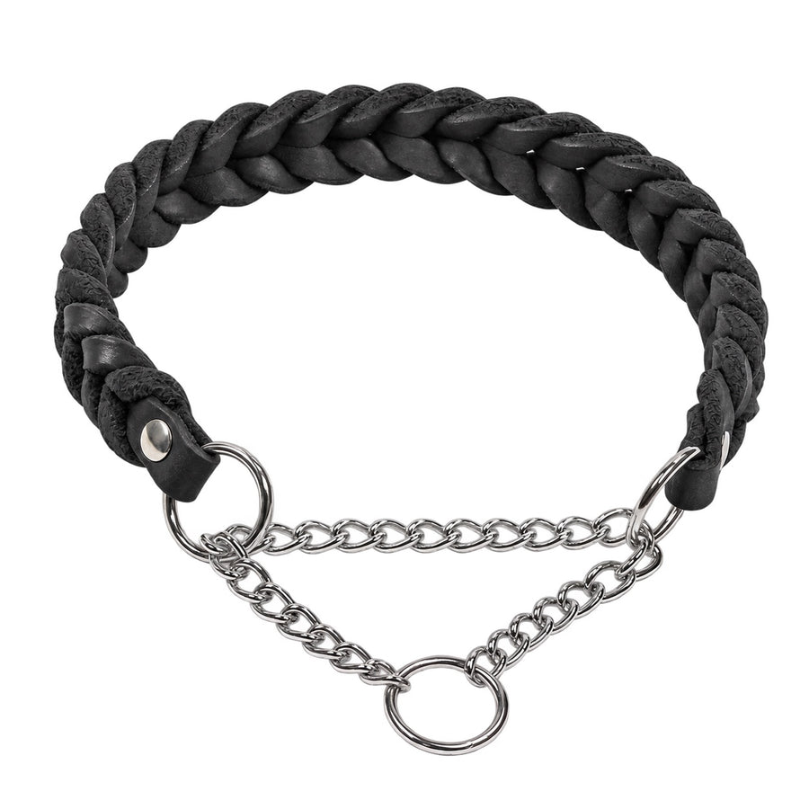 Geflochtenes Fettleder-Halsband Braidy in Schwarz mit silberner Zugstopp-Kette und Ring