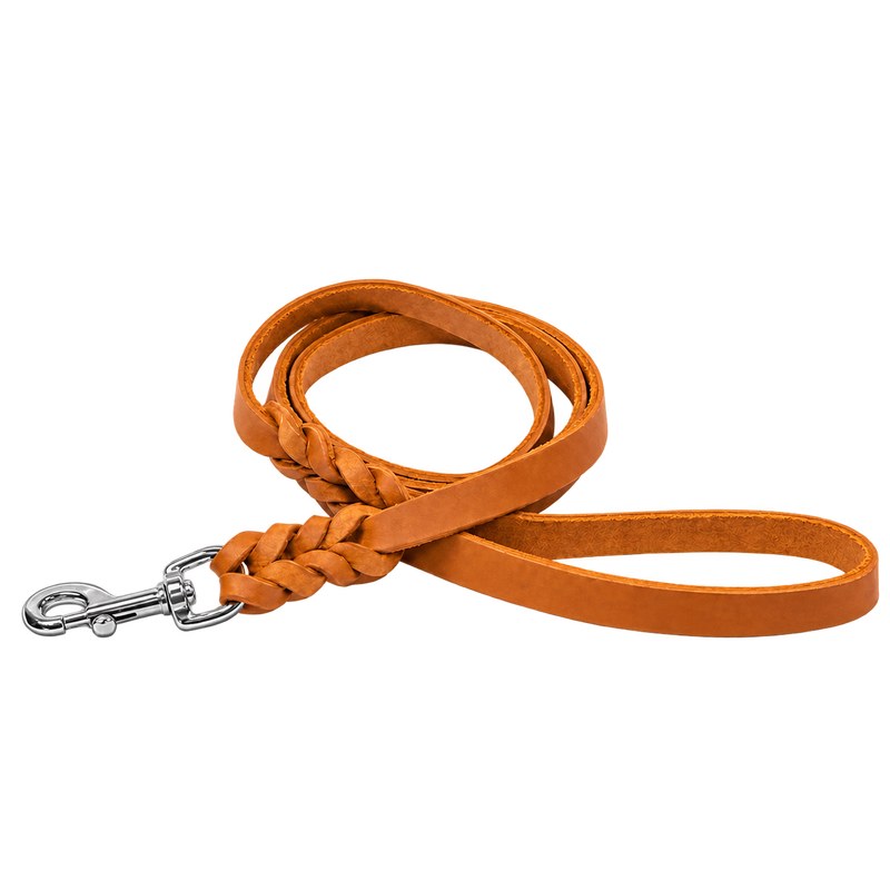 Breite Fettlederleine mit Handschlaufe in Cognac, geflochtenes Ende mit silberfarbenem Karabiner