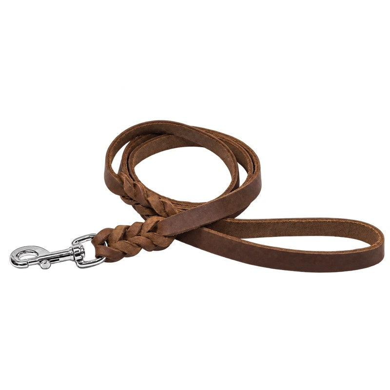 Fettlederleine extra breit mit Handschlaufe · 1 m – 3 m · Edelstahl · Chrom · Messing · hundeleinen.de