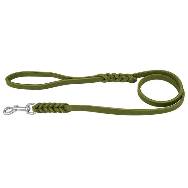 Fettlederleine in Oliv mit Handschlaufe, zwei Flechtstellen und Edelstahlkarabiner
