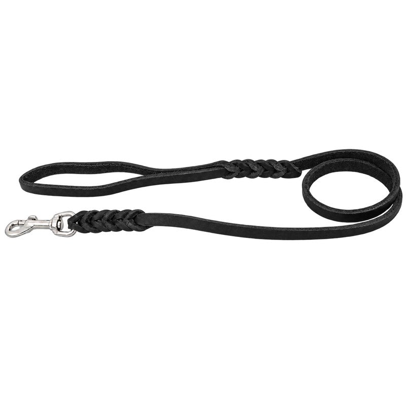 Fettlederleine in Schwarz mit Handschlaufe, zwei Flechtstellen und Edelstahlkarabiner