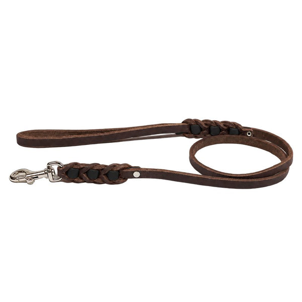Führleine Melange mit Biothane-Einsätzen in Schwarz, dunkelbraunem Fettleder und Chrom-Karabiner