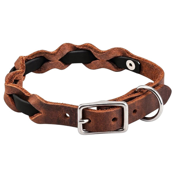 Halsband „Braidy Farbrausch“ in Schwarz, geflochten mit dunkelbraunem Fettleder, Schnalle und D-Ring in Chrom
