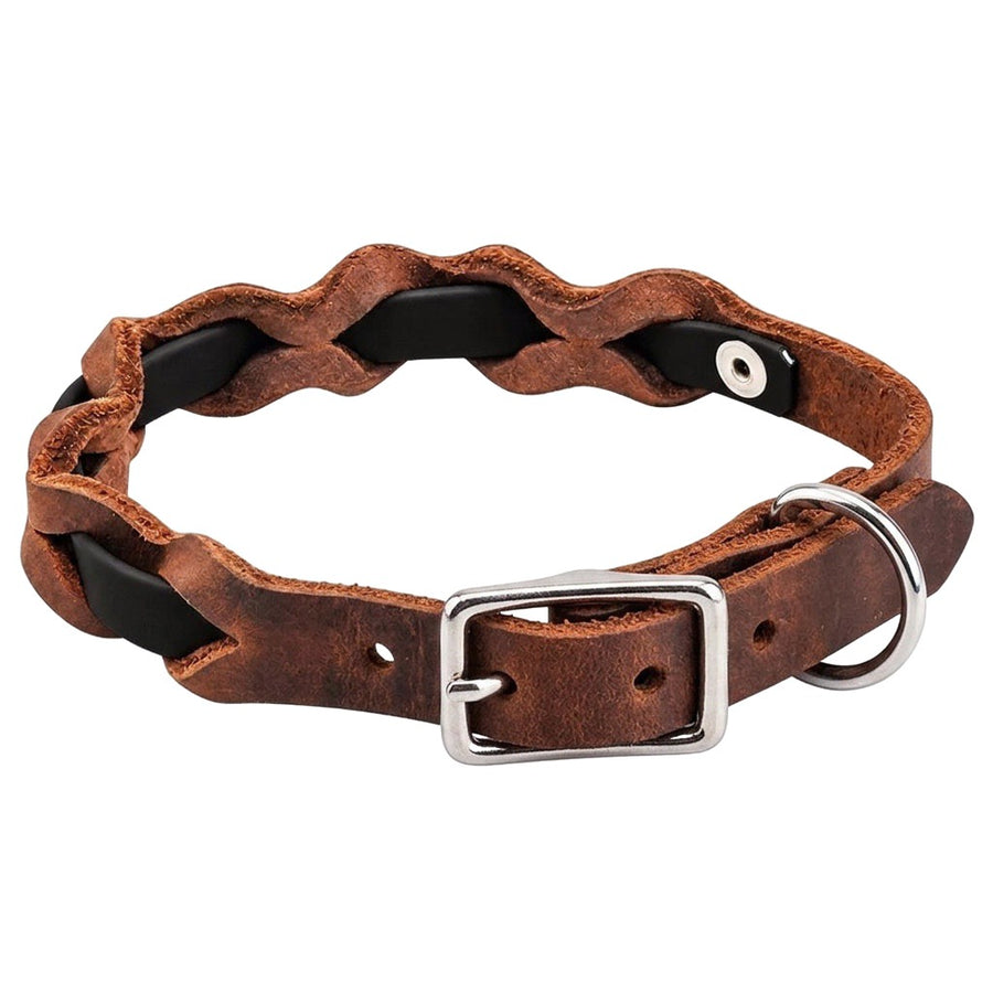 Halsband „Braidy Farbrausch“ in Schwarz, geflochten mit dunkelbraunem Fettleder, Schnalle und D-Ring in Chrom