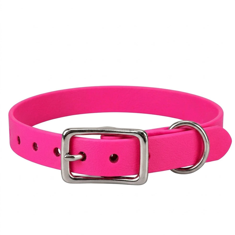 Biothane-Halsband in Neon-Pink mit rechteckiger Dornschnalle und D-Ring aus Chrom, Vorderansicht
