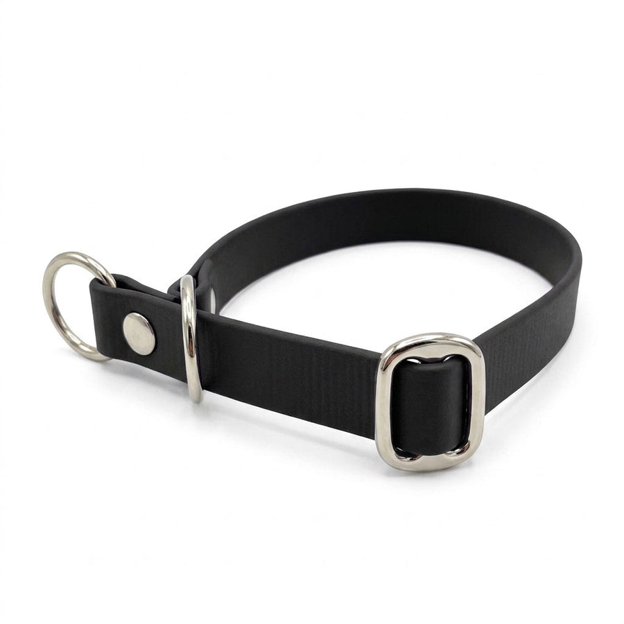 Zugstopp-Halsband aus Biothane in Schwarz, D-Ring und Gleitring aus Chrom, Seitenansicht