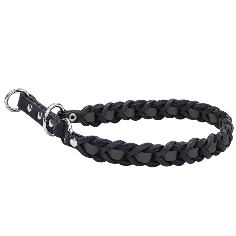 Zugstop-Halsband Melange ganz in Schwarz, Fettleder mit eingeflochtenem schwarzem Biothane