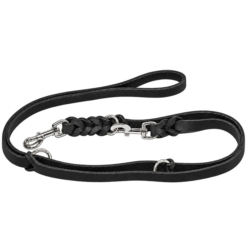 Breite verstellbare Fettlederleine in Schwarz, Karabiner und O-Ringe silberfarben