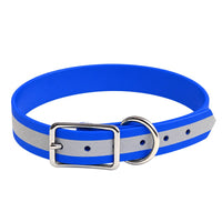 Biothane-Halsband Reflex in Blau mit hellem Reflexstreifen, silberner Dornschnalle und D-Ring