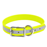 Biothane-Halsband Reflex in Neon-Gelb mit hellem Reflexstreifen, silberner Dornschnalle und D-Ring