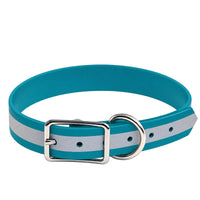Biothane-Halsband Reflex in Petrol mit hellem Reflexstreifen, silberner Dornschnalle und D-Ring