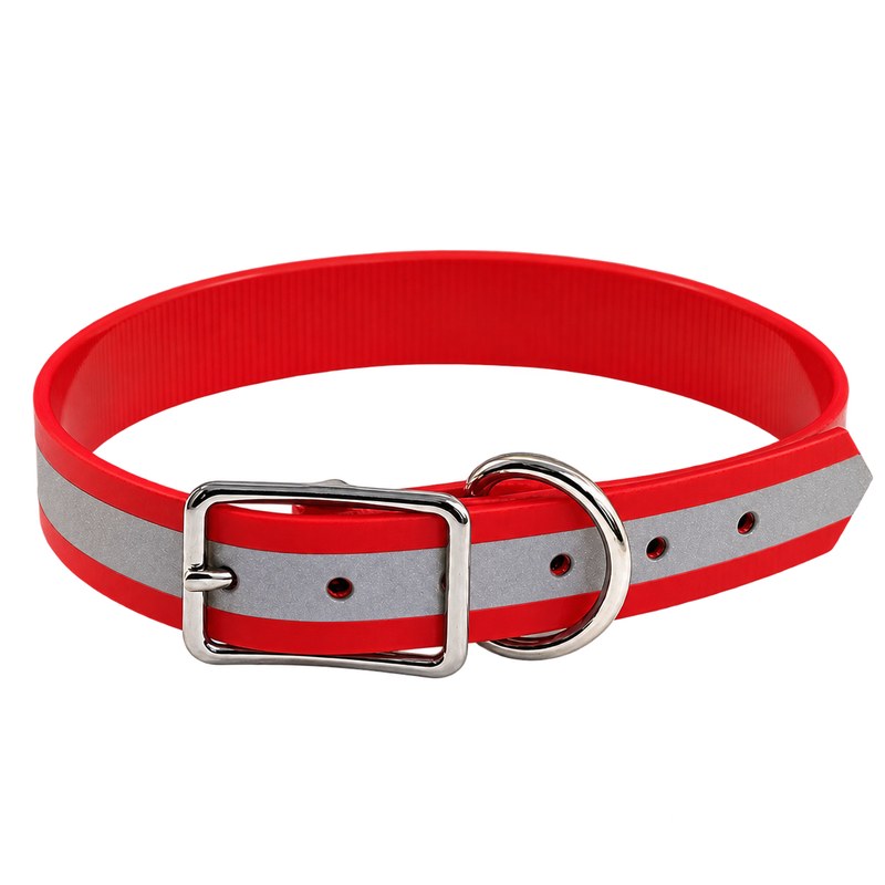 Biothane-Halsband Reflex in Rot mit hellem Reflexstreifen, silberner Dornschnalle und D-Ring
