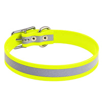 Rückansicht: Biothane-Halsband Reflex in Neon-Gelb mit vernieteter Schnallenlasche und D-Ring