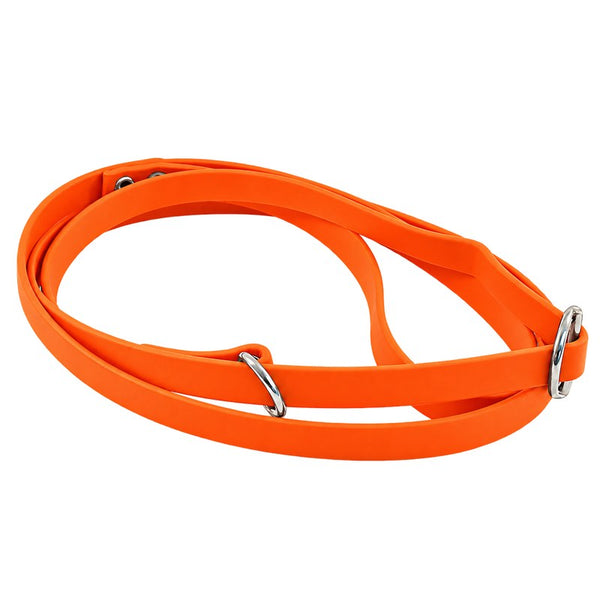 Biothane-Moxonleine in Neon-Orange, zusammengelegt, mit Schlupfschlaufe und zwei silbernen Ringen