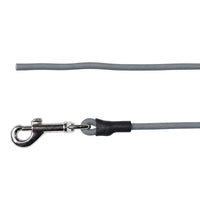 Detail: offenes Ende und Karabiner aus Chrom mit Schrumpfschlauch an der Rundleine in Grau