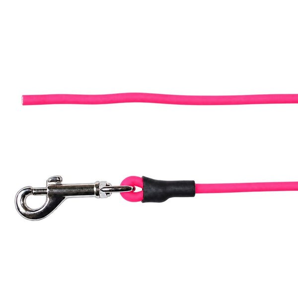 Detail: offenes Ende und Karabiner aus Chrom mit Schrumpfschlauch an der Rundleine in Neon-Pink