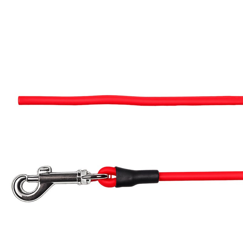 Detail: offenes Ende und Karabiner aus Chrom mit Schrumpfschlauch an der Rundleine in Rot