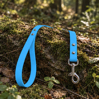 Biothane-Schleppleine mit Handschlaufe in Azur mit Chrom-Karabiner auf bemoostem Baumstamm im Wald