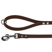 Biothane-Schleppleine mit Handschlaufe in Dunkelbraun mit Chromring an der Schlaufe und Chrom-Karabiner mit zwei Nieten