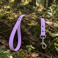 Biothane-Schleppleine mit Handschlaufe in Flieder mit Chrom-Karabiner auf bemoostem Baumstamm im Wald