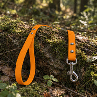 Biothane-Schleppleine mit Handschlaufe in Mandarine mit Chrom-Karabiner auf bemoostem Baumstamm im Wald