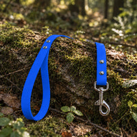 Biothane-Schleppleine mit Handschlaufe in Mittelblau mit Chrom-Karabiner auf bemoostem Baumstamm im Wald