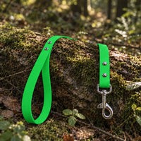 Biothane-Schleppleine mit Handschlaufe in Neongrün mit Chrom-Karabiner auf bemoostem Baumstamm im Wald