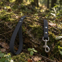 Biothane-Schleppleine mit Handschlaufe in Schwarz mit Chrom-Karabiner auf bemoostem Baumstamm im Wald