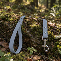 Biothane-Schleppleine mit Handschlaufe in Grau mit Edelstahl-Karabiner auf bemoostem Baumstamm im Wald