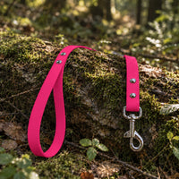 Biothane-Schleppleine mit Handschlaufe in Himbeer mit Edelstahl-Karabiner auf bemoostem Baumstamm im Wald
