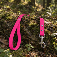 Biothane-Schleppleine mit Handschlaufe in Neonpink mit Edelstahl-Karabiner auf bemoostem Baumstamm im Wald