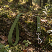 Biothane-Schleppleine mit Handschlaufe in Oliv mit Edelstahl-Karabiner auf bemoostem Baumstamm im Wald