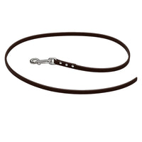 Biothane-Schleppleine ohne Handschlaufe in Dunkelbraun, locker zum Kreis gelegt, mit Chrom-Karabiner und drei Nieten