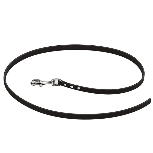 Biothane-Schleppleine ohne Handschlaufe in Schwarz, locker zum Kreis gelegt, mit Chrom-Karabiner und drei Nieten