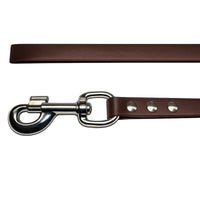 Detail: Karabiner mit Wirbel und drei Nieten an der Biothane-Schleppleine in Dunkelbraun, darüber das Leinenende