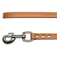 Detail: Karabiner mit Wirbel und drei Nieten an der Biothane-Schleppleine in Hellbraun, darüber das Leinenende
