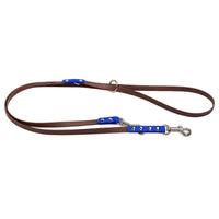 Dunkelbraune Bicolor-Verlängerungsleine aus Biothane mit Besätzen in Blau, Karabiner und O-Ring