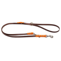Dunkelbraune Bicolor-Verlängerungsleine aus Biothane mit Besätzen in Mandarine, Karabiner und O-Ring