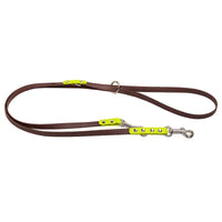 Dunkelbraune Bicolor-Verlängerungsleine aus Biothane mit Besätzen in Neon-Gelb, Karabiner und O-Ring