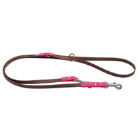 Dunkelbraune Bicolor-Verlängerungsleine aus Biothane mit Besätzen in Neon-Pink, Karabiner und O-Ring
