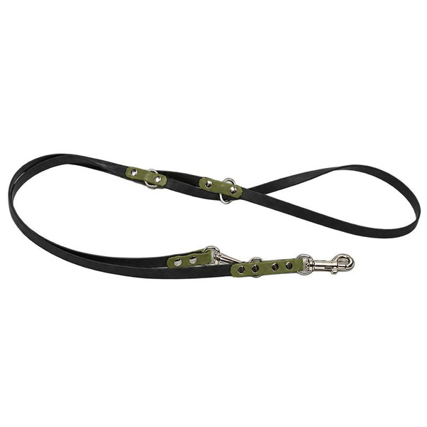 Bicolor-Verlängerungsleine aus Biothane in Schwarz mit Laschen in Oliv, O-Ringen und Chrom-Karabiner