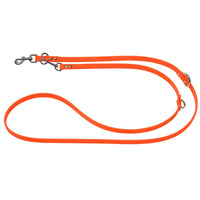 Verstellbare Verlängerungsleine aus Biothane in Neonorange, zwei Karabiner und O-Ringe in Chrom