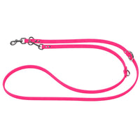 Verstellbare Verlängerungsleine aus Biothane in Neonpink, zwei Karabiner und O-Ringe in Chrom