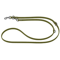 Verstellbare Verlängerungsleine aus Biothane in Oliv, zwei Karabiner und O-Ringe in Chrom