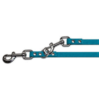 Detail: zwei Chrom-Karabiner mit Wirbel und O-Ring an der Biothane-Verlängerungsleine in Petrol