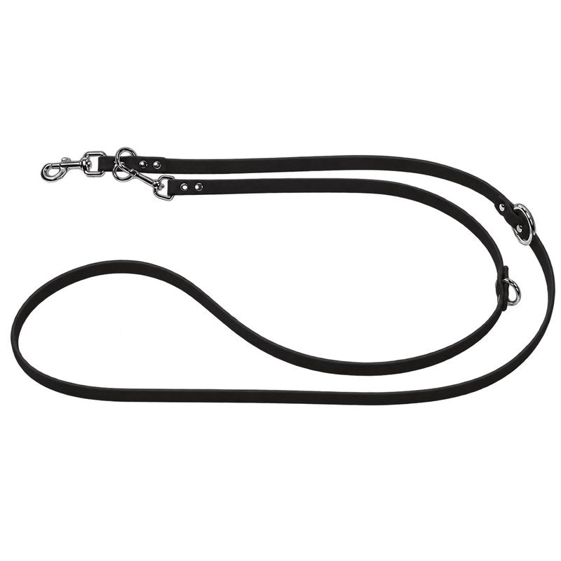 Verstellbare Verlängerungsleine aus Biothane in Schwarz, zwei Karabiner und O-Ringe in Chrom