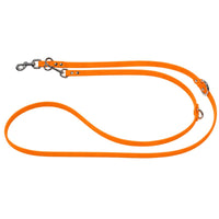 Verstellbare Biothane-Verlängerungsleine in Mandarine, zwei Karabiner und drei Ringe aus Edelstahl